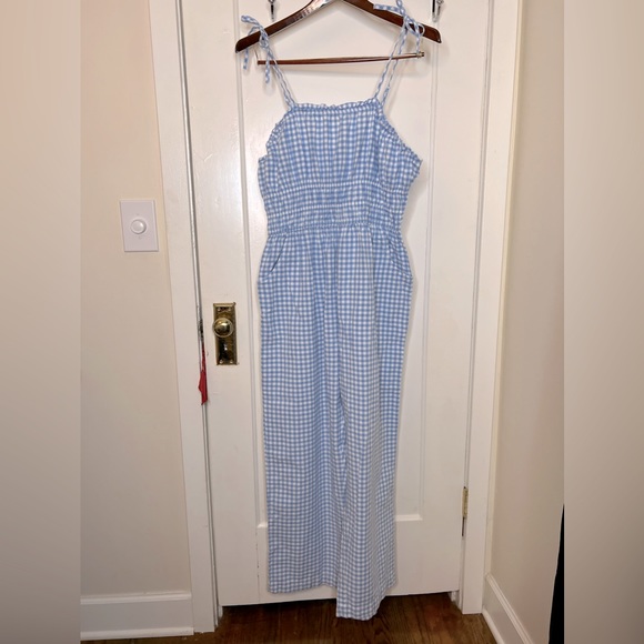 Gingham Jumpsuit Romper Pant Suit Blue and White Size XL 100% Cotton - Picture 2 of 11